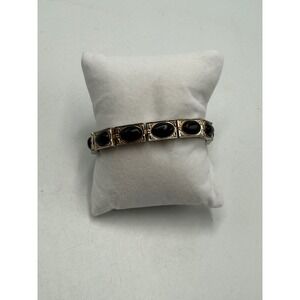 Vintage Magnetic Link Bracelet Black Cabochon Silver Tone Therapy Jewelry 8.25"